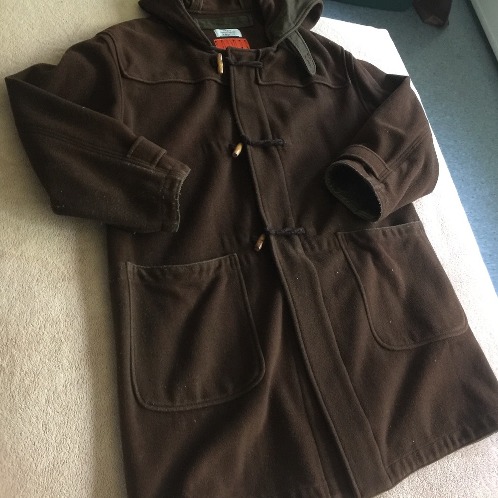 BENETTON hooded dark green olive duffle coat w/toggle buttons